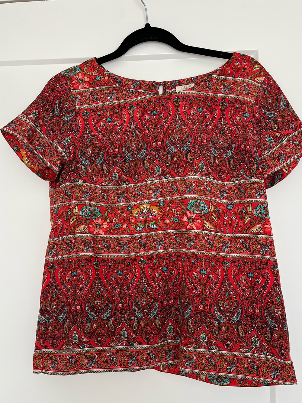 J. Crew Red Boho Floral Short Sleeve Blouse Top Keyhole Back Flowy Summer Casual
